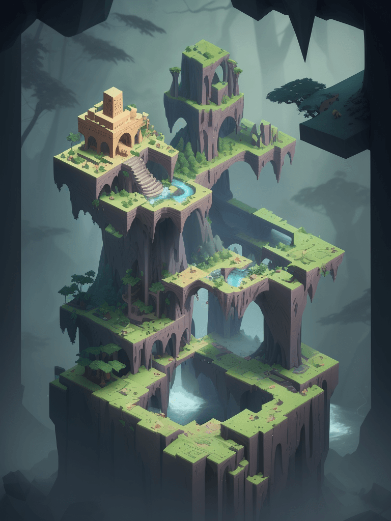 AI generated: a cute little matte low poly forest ,storm,typhon,litter, , crash trunks,  rock waterfalls, mist, la...