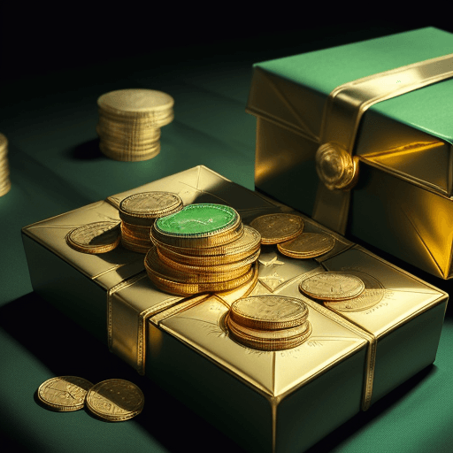 AI generated: Photo: There are many gold coins on the table with green cloth, behind them there are a lot of beaut...