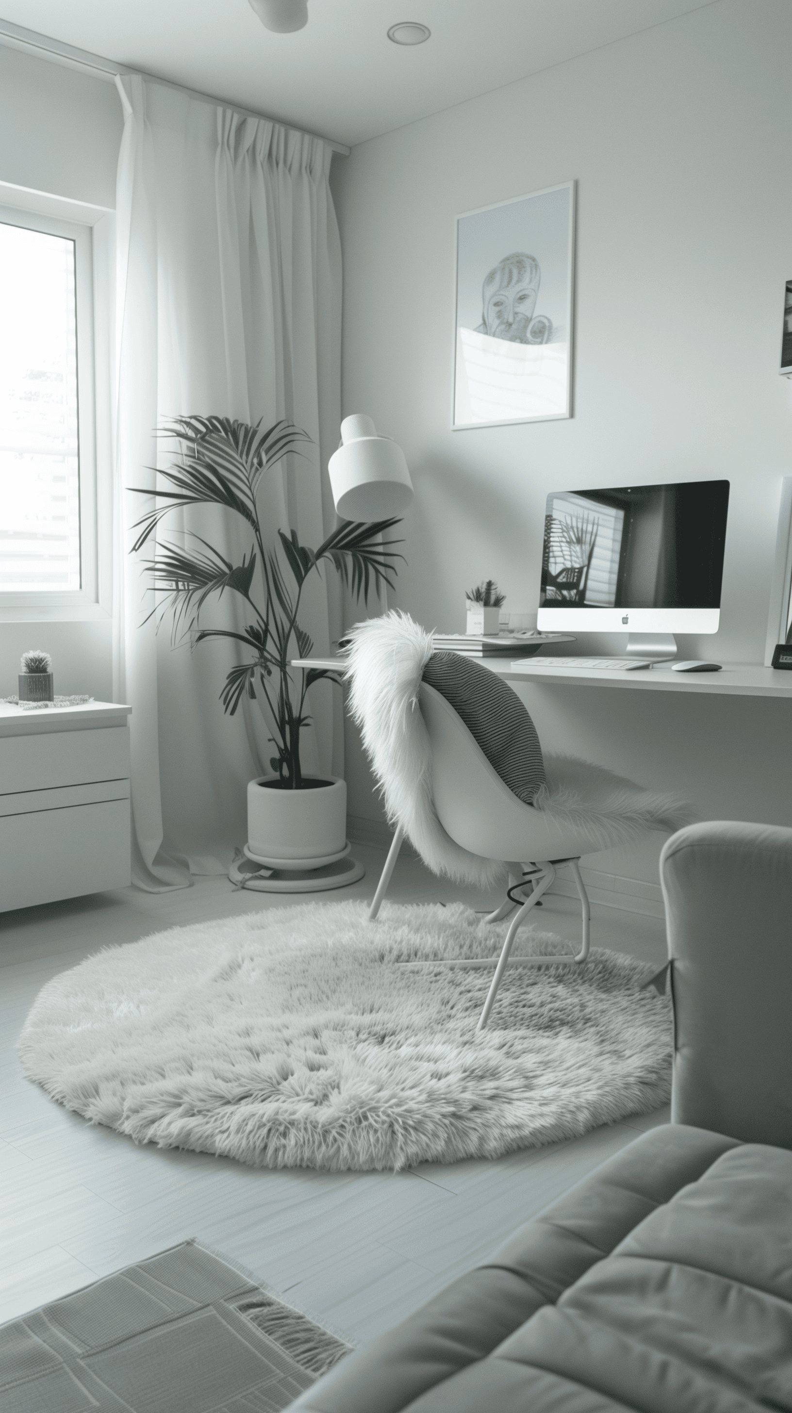 AI generated: photograph, home office, scandinavian, soft morning, warm artificial light casting, creating a white...