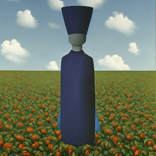 AI generated: A surreal painting inspired by René Magritte. The composition features a reversed still life: the ce...