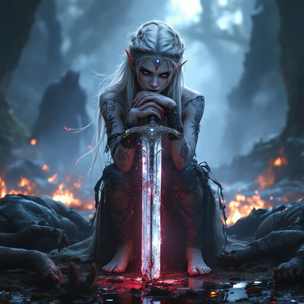 AI generated: Full body view of a highly detailed, fantasy-style digital artwork of a barefoot elven warrior woman...
