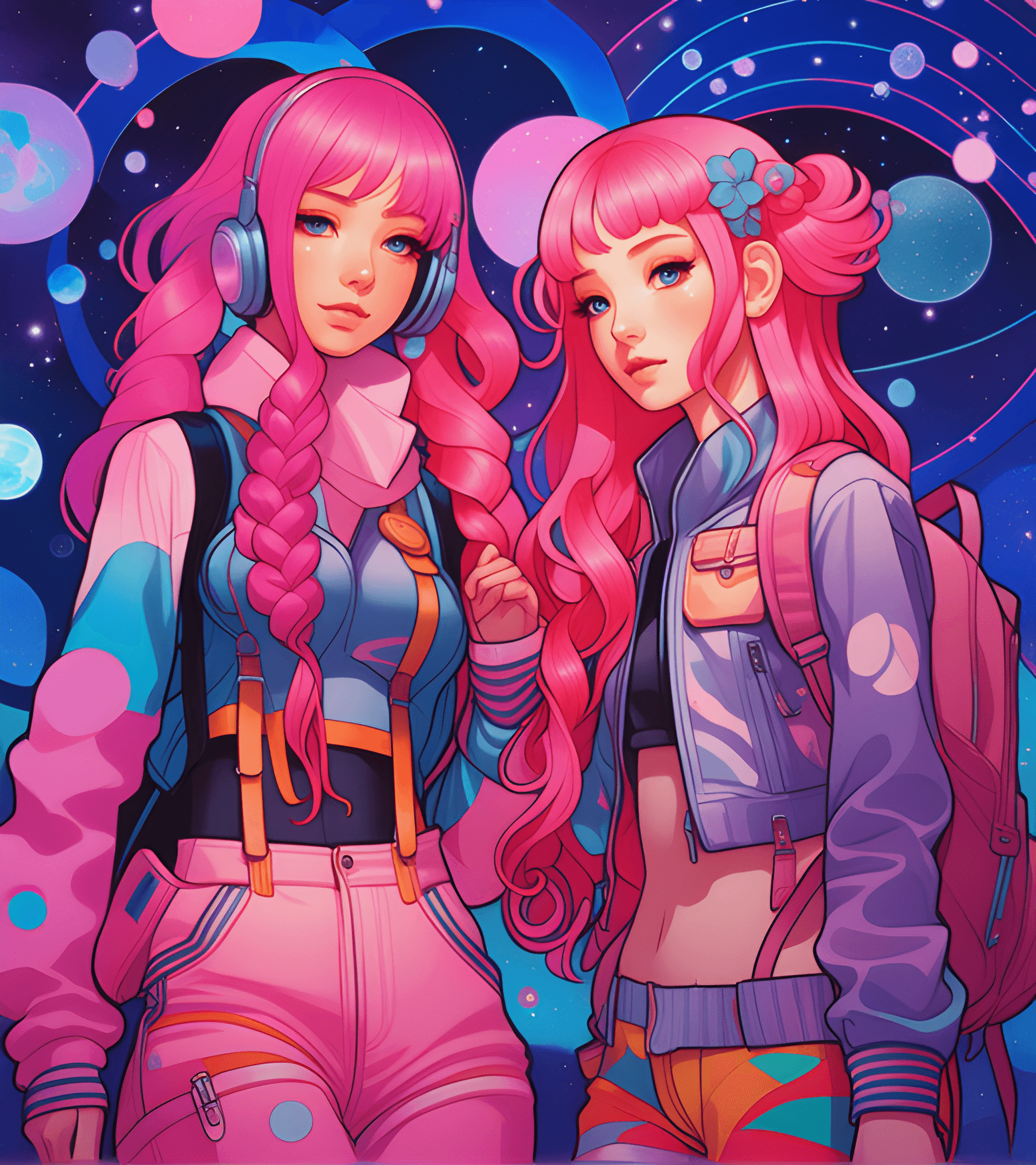 AI generated: two anime girls with long hair and pink hair are standing next to each other, decora inspired illust...