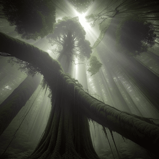 AI generated: Imagine a dense forest scene with tall, ancient trees towering overhead, their branches intertwined ...