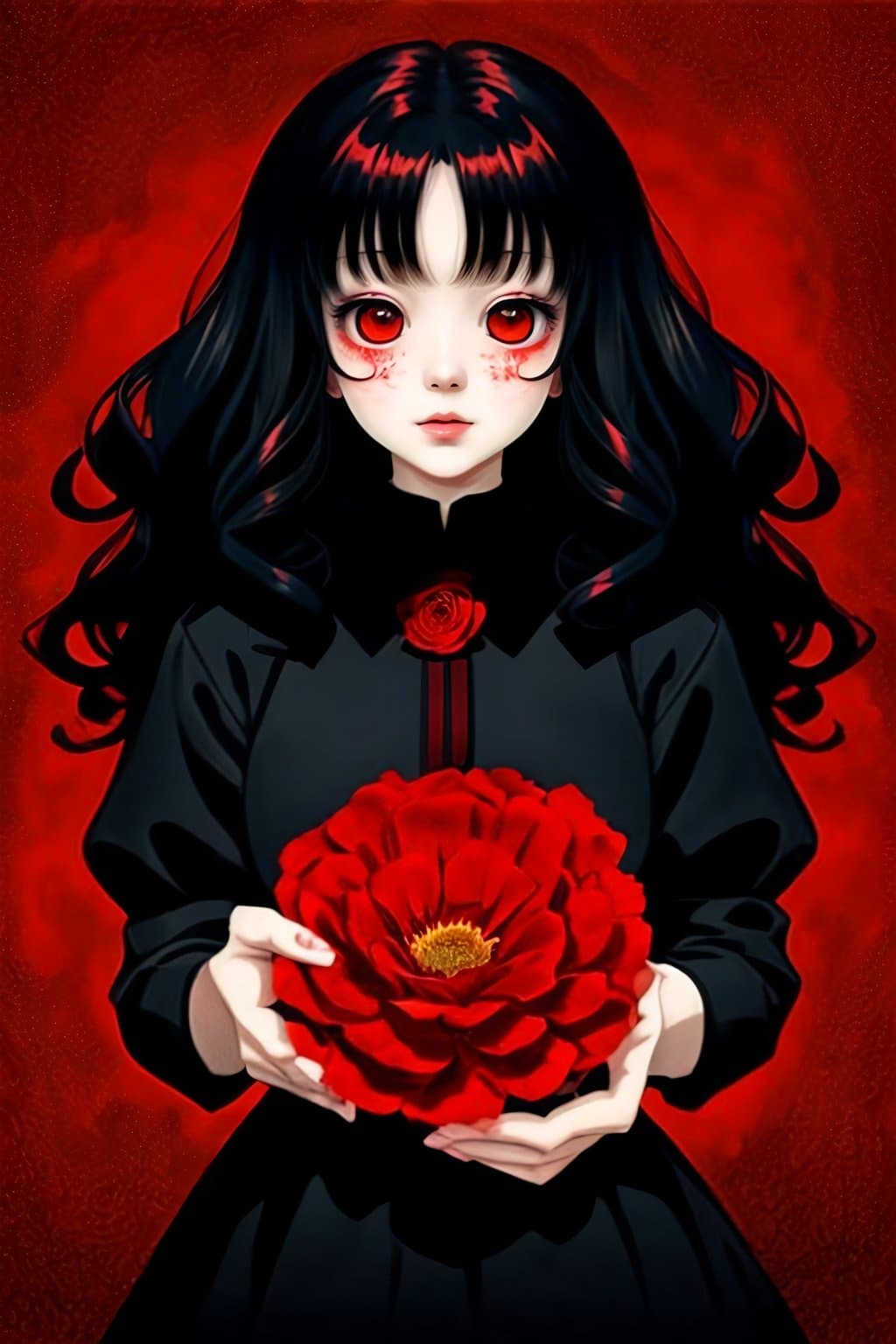 AI generated: Red Flower girl with curly hair Hyperdetailed Horror Sketch art, In the style of Junji Ito version n...
