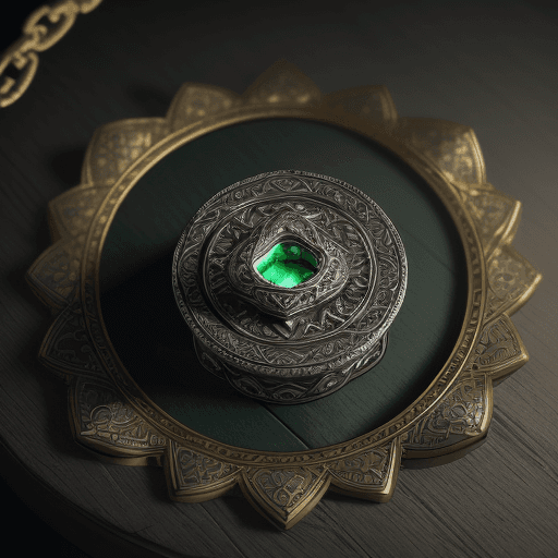 AI generated: necklace Ring on the table with the design and character of Thor The necklace Ring is gold and grey ...