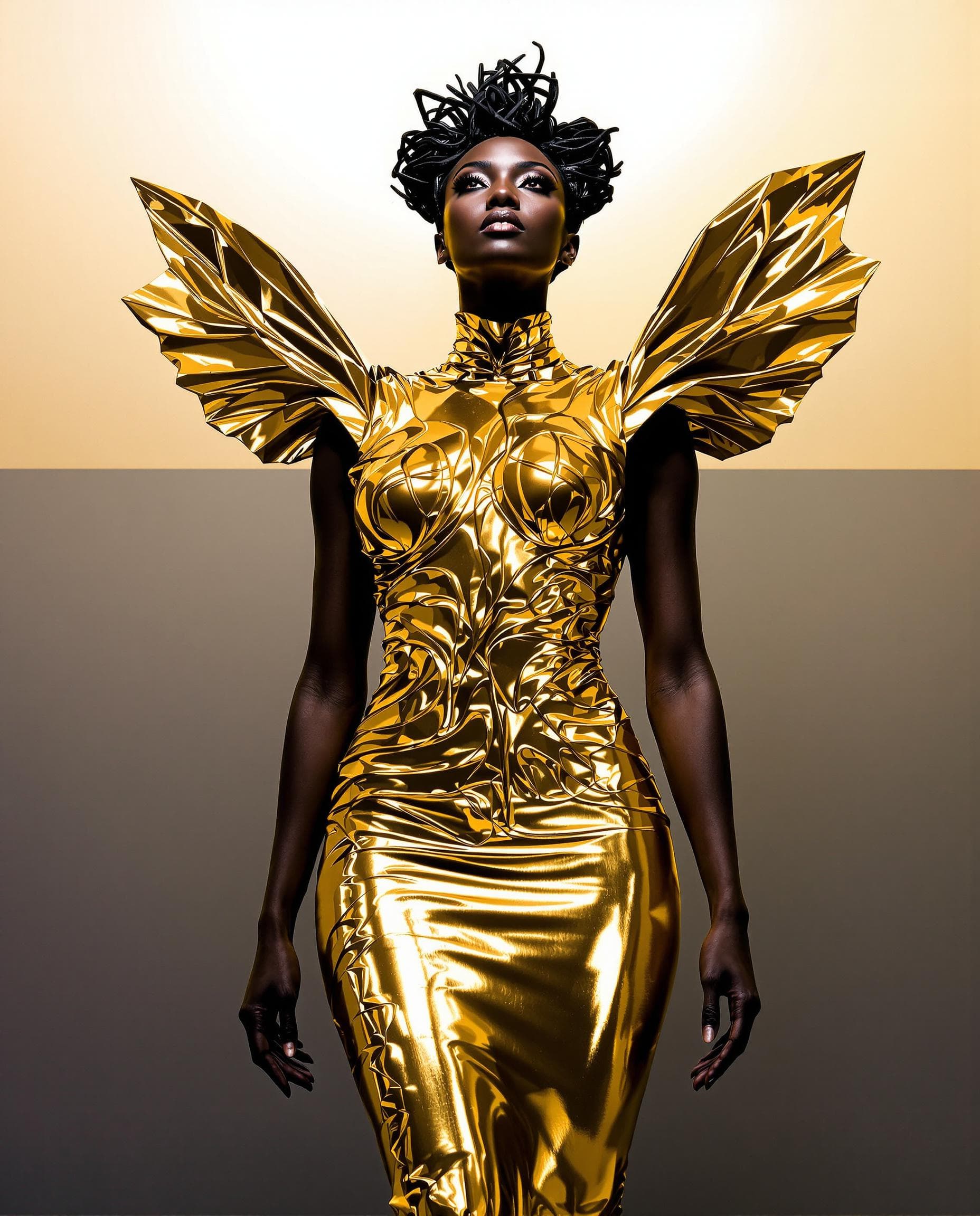AI generated: A sleek, metallic figure in a futuristic gold dress stands against a gradient background. AfroFuturi...