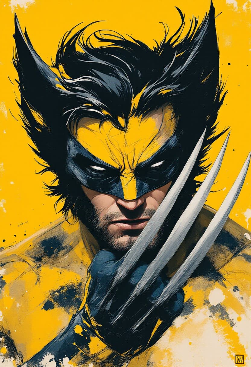 AI generated: Portrait of Wolverine, masked, in yellow, showing his claws as weapons. Art Nouveau, Neo-Impressioni...