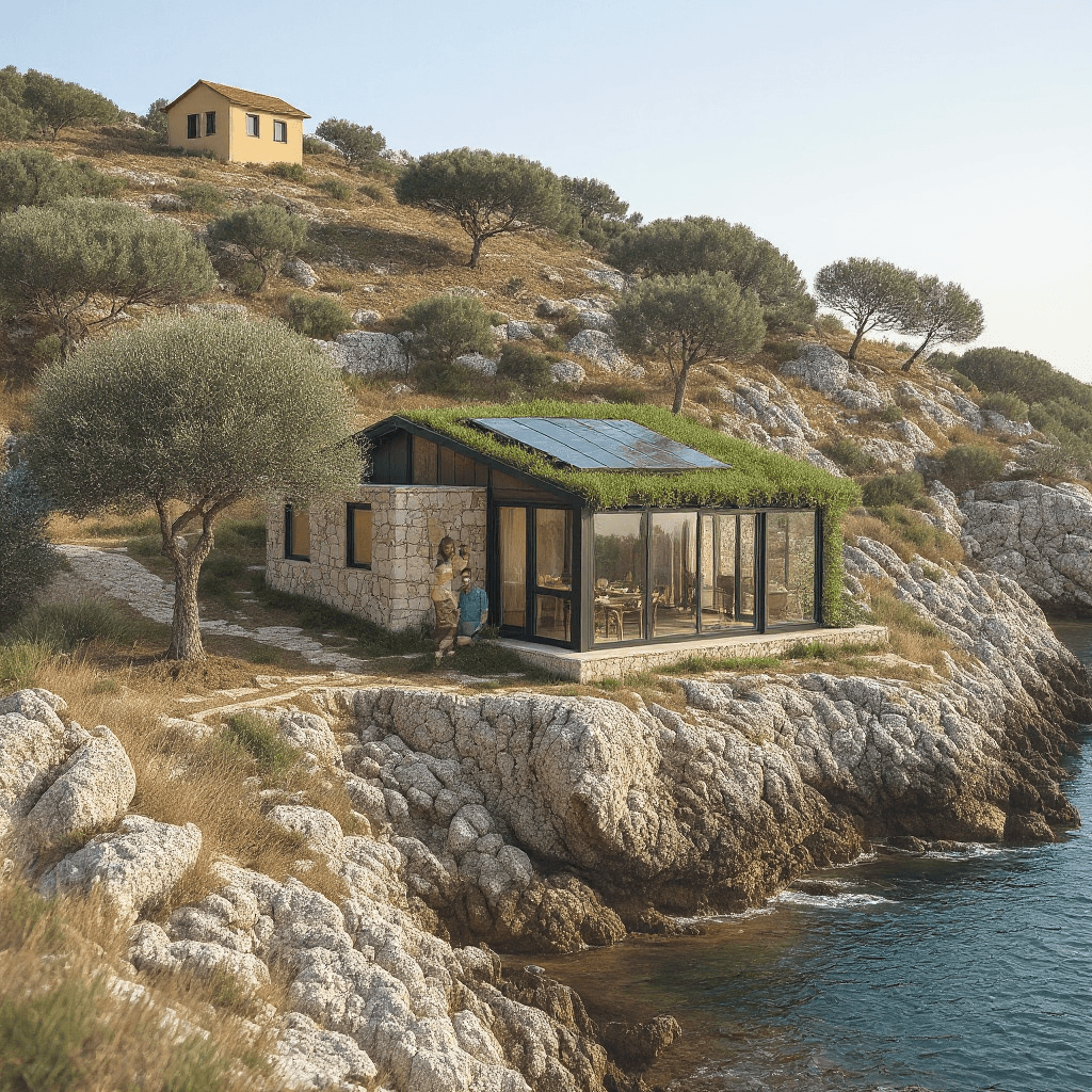 AI generated: It's summer time. Exactly the same house .Energy autonomous. Add a young couple sunbaithing. Vegetat...