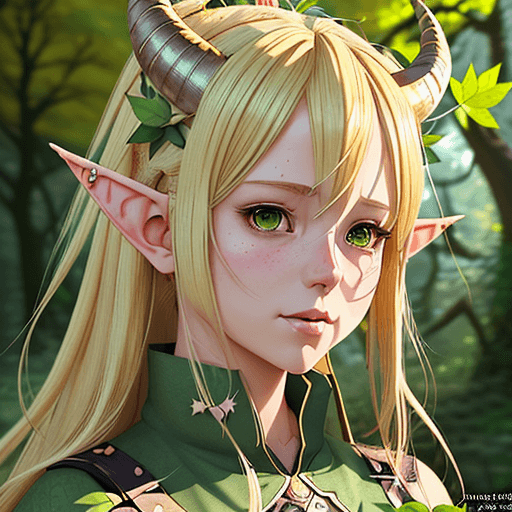 AI generated: blond haired girl with horns and green leaves on her head, detailed digital anime art, loish and wlo...