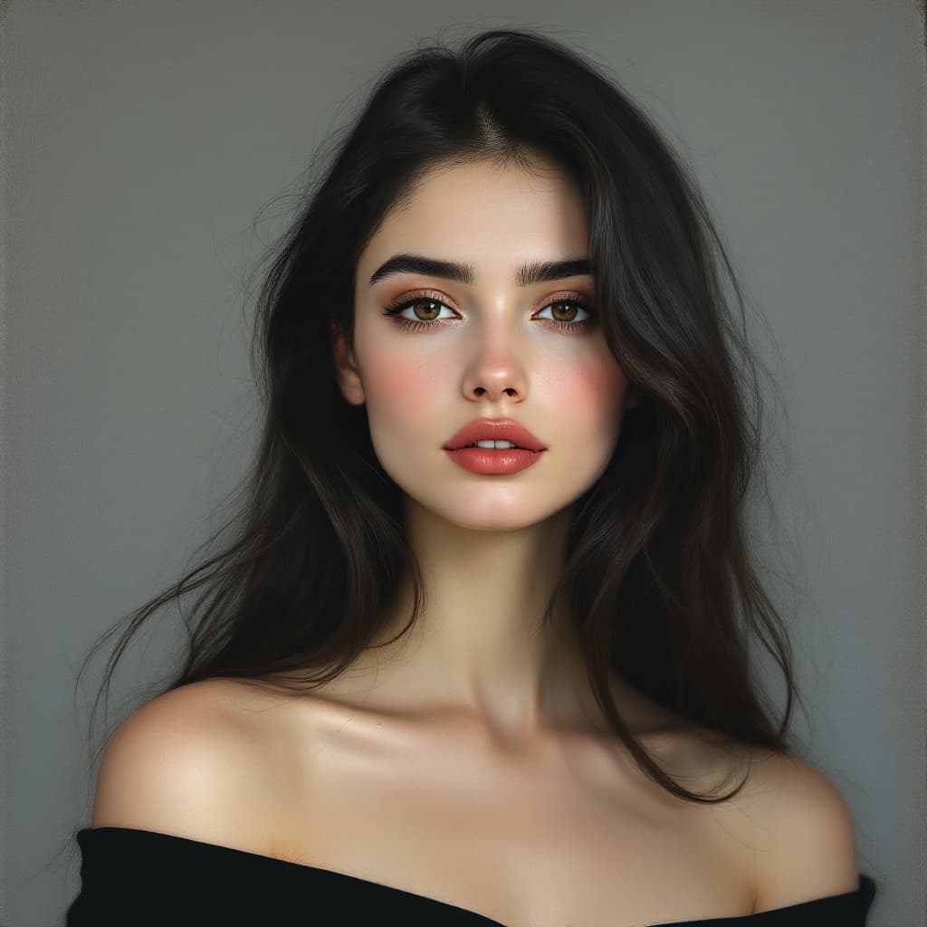 AI generated: Portrait of a woman, mid-20s, light-skinned,  with long, dark hair, styled in a soft wave, framing h...