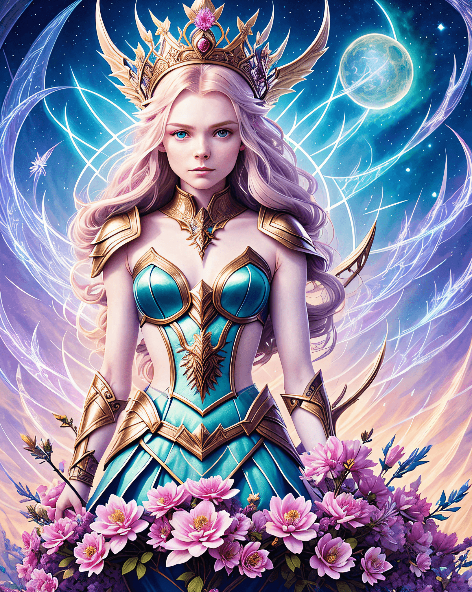 AI generated: A tarot card of a gorgeous beautiful elf warrior queen, fractal magic, illustration in the style of ...