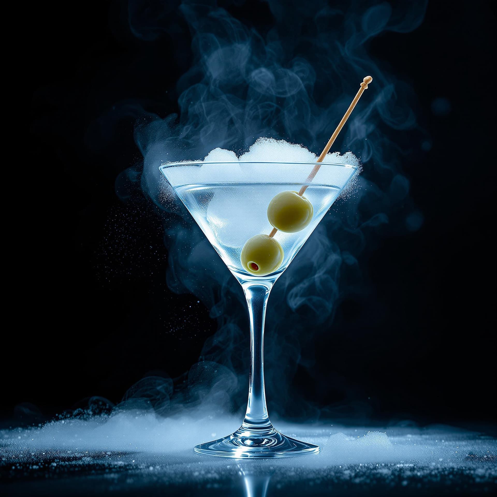 AI generated: award-winning photography of a perfect martini with dry ice in the vodka and fumes rising from the i...