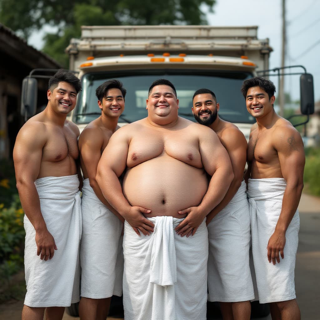 AI generated: A indonesian a thick fat woman and 4 korean men, posing in front of a truck at village square in far...