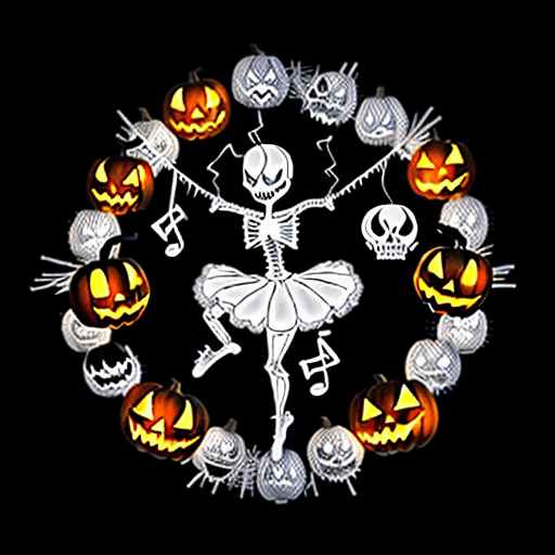 AI generated: Create a spooky but fun black and white Halloween coloring page with a party of dancing skeletons, s...