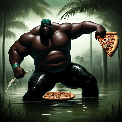 AI generated: Big black man fighting with a cocodrile, swamp with a pizza box floating in water background