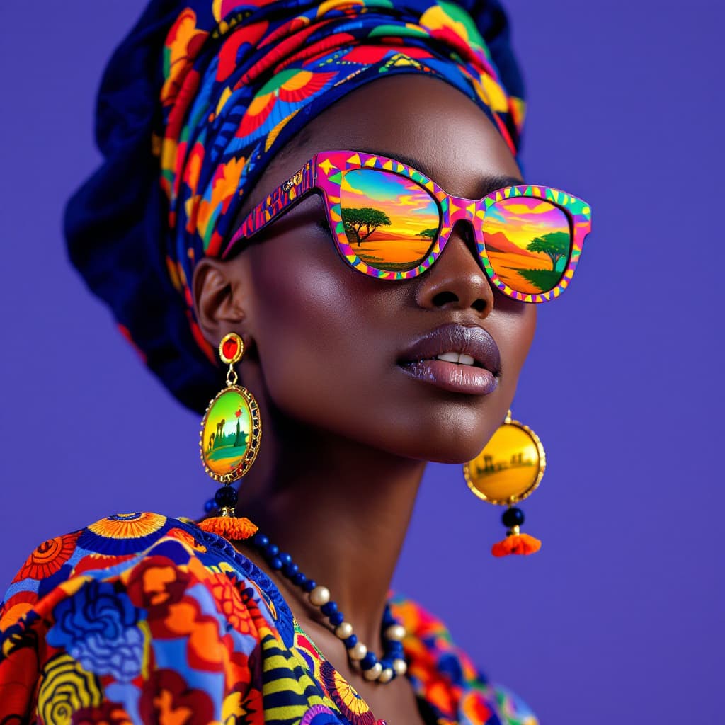 AI generated: Vogue photoshoot of an African woman wearing a vibrant multicolor intricate outfit with big earrings...