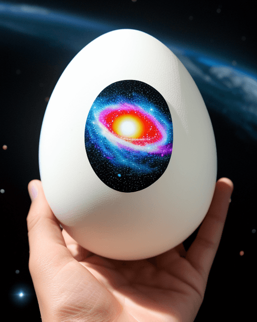 AI generated: Show me an image of a human hand holding an egg with a galaxy containing a tiny universe, centered ,...