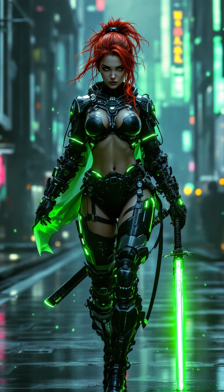 AI generated: Dynamic angle, full body view, realistic, female cyber-samurai, fiery red hair, segmented cyber-armo...