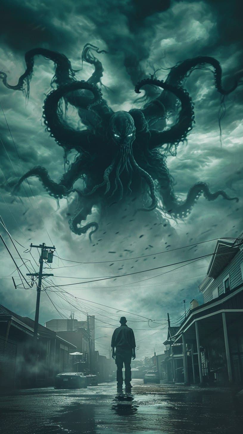 AI generated: a man standing in the middle of a street under a cloudy sky, cthulhu rising from the ocean, film key...