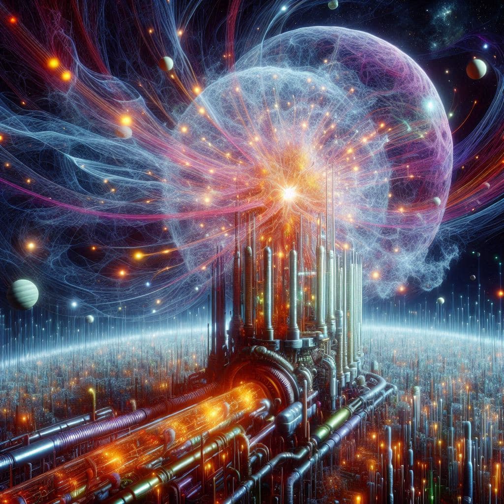 AI generated: In the foreground is a translucent fractal engine made of radio tubes. The hairy universe is like sp...