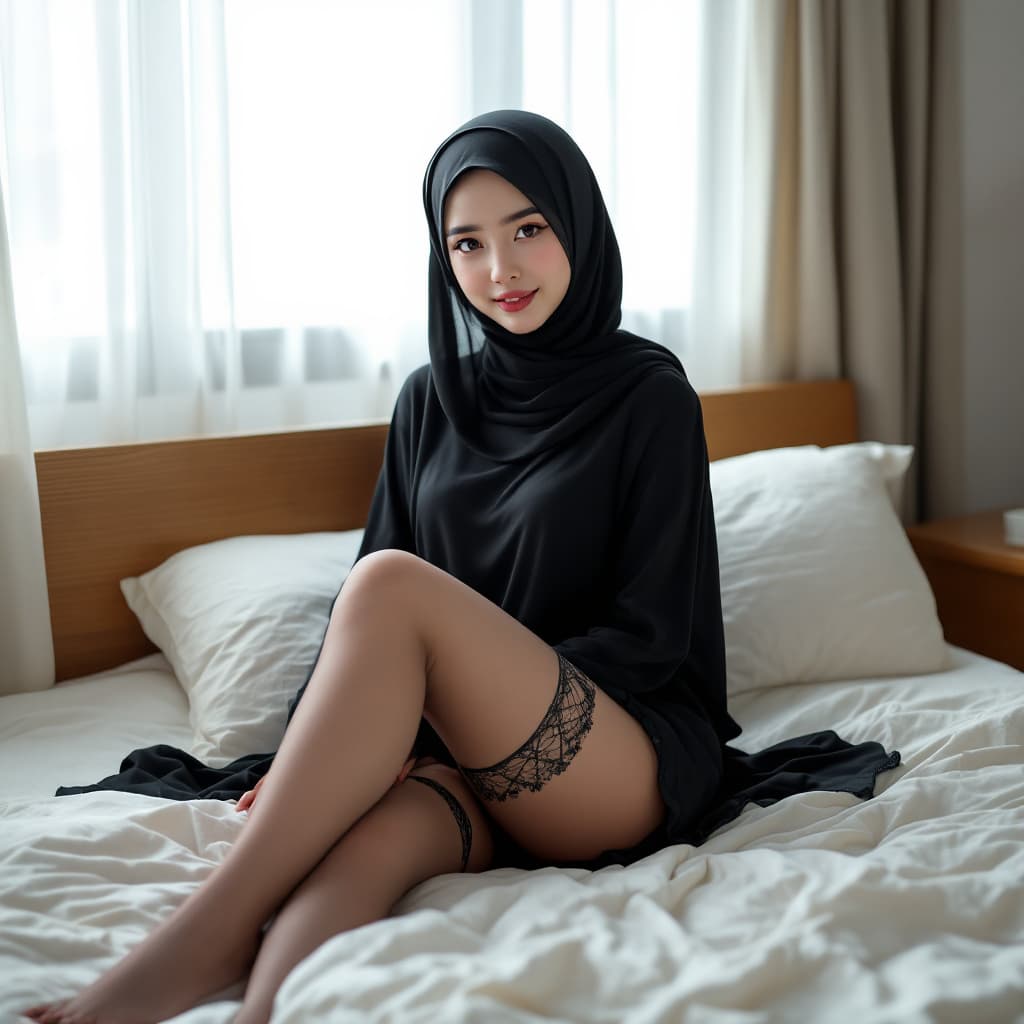 AI generated: Realistic, Asian hijab girl ,15 years old ,transparant body stocking ,nude ,full body ,sit ,in bed 
