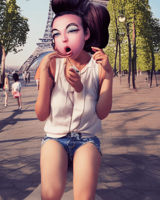 AI generated: girl, medium breast, happy, high topknot, best brown girl hair, paris, eiffel tower, 8:00 pm, vacati...