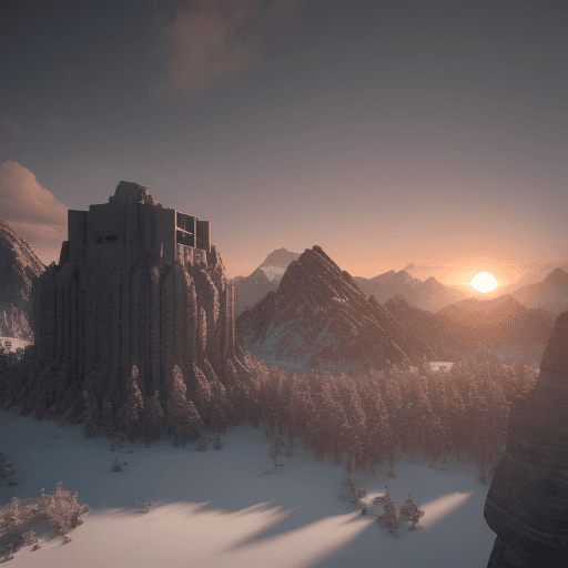 AI generated: Photo of a ultra realistic Research center, mountain building, circle and square shapes, dramatic li...