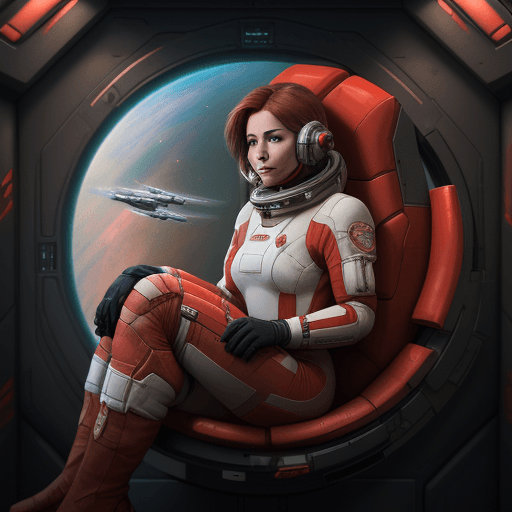 AI generated: High resolution photography strong female space explorer in red space suit inside a Anvil Carrack of...