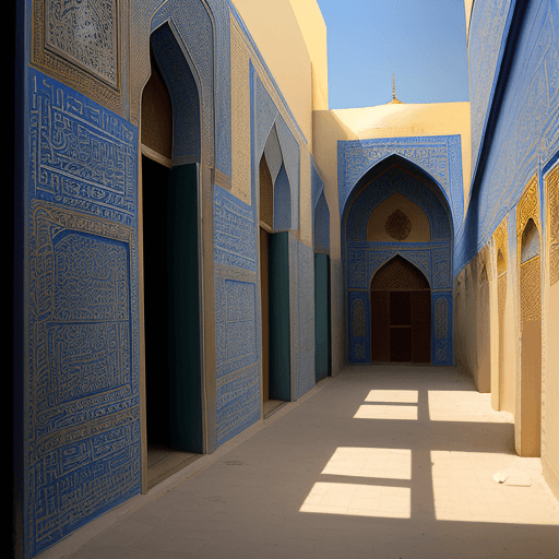 AI generated: A 3 floor building in isfahan nearby a mosque, end of small alley, at noon.