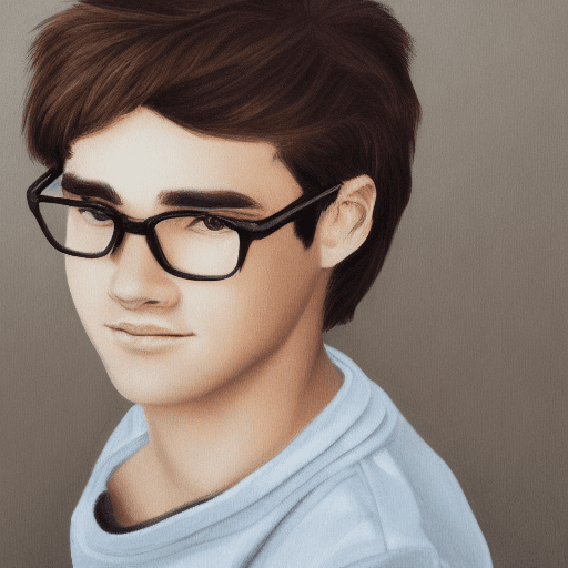 AI generated: semi realistic portrait of a teenage boy, brown hair mullet brown eyes glasses