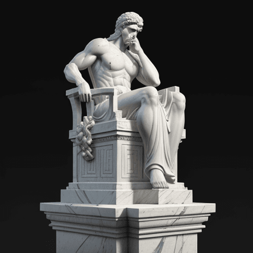 AI generated: a marble statue of a sad and pensive Greek philosopher, black background, statue in a classical styl...