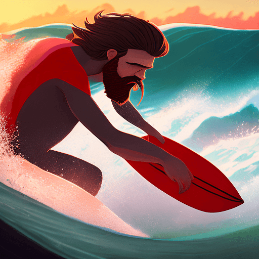 AI generated: Logo of a surfing school shows a woman with long blond hair on a surf board riding a wave, dramatic ...