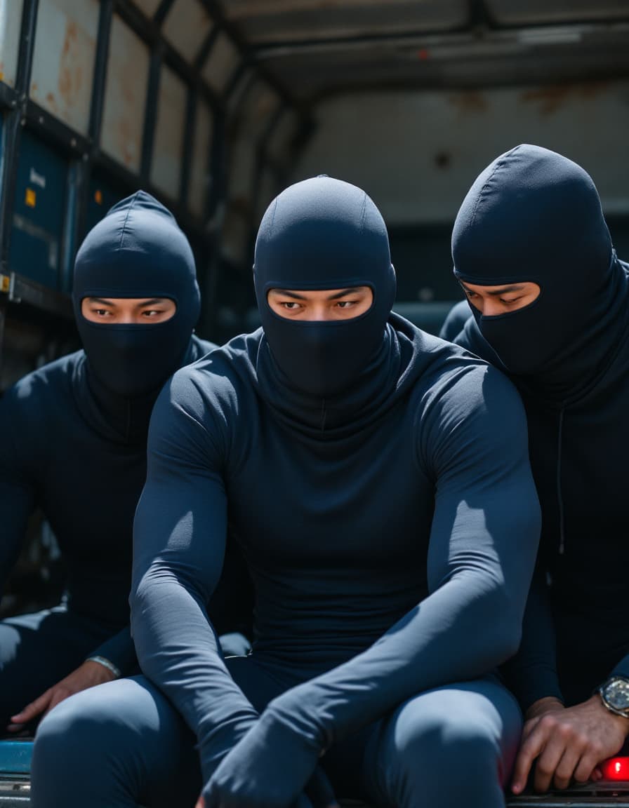 AI generated: Three muscular male Asian Chinese wear tight navy colour compression jammers arrested by policemen i...