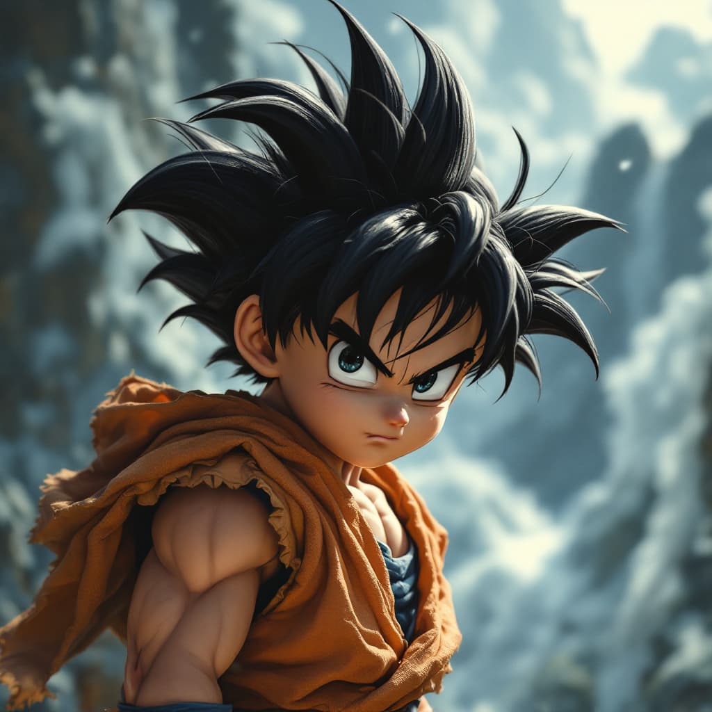 AI generated: Hyper realistic The little Son Goku from the first episode in the current reality