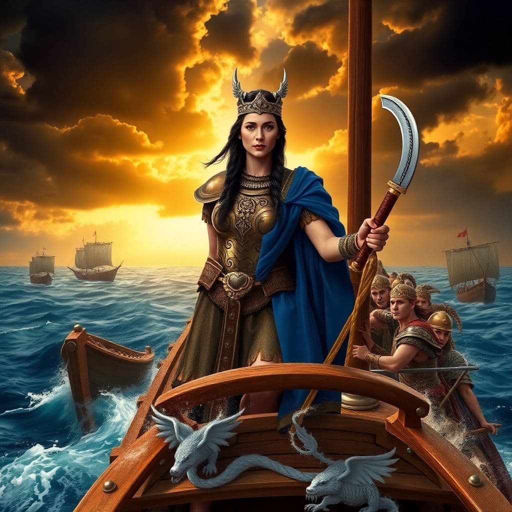 AI generated: Prompt: A powerful and determined Queen Teuta of Illyria stands at the prow of her warship, sailing ...