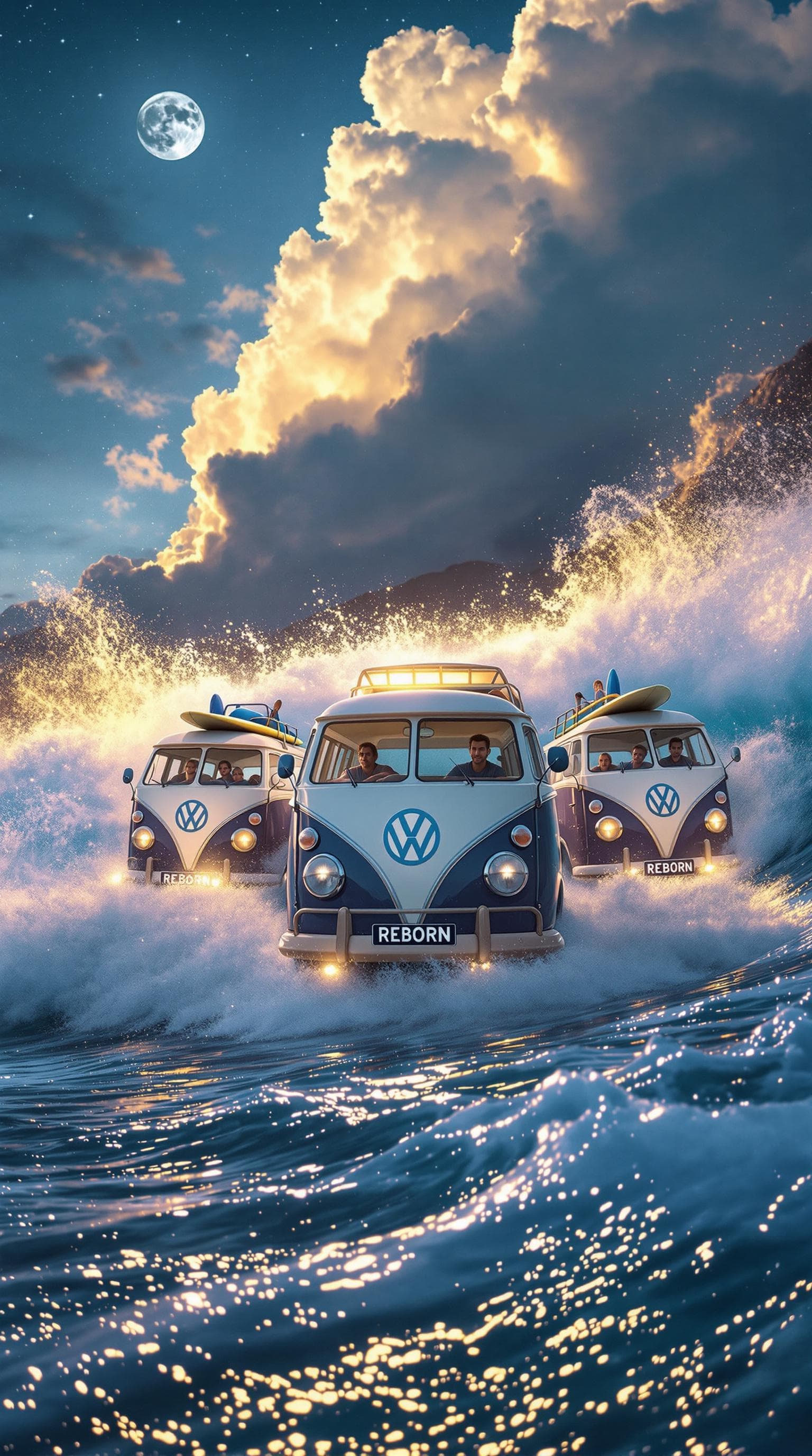 AI generated: A photo realistic  luminous photo, portrait view, soft focus photo. A Low angle view of  VW classic ...