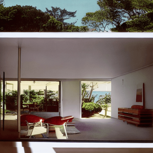 AI generated: Hyper realistic eye level exterior photo of a mid century modern style house overlooking the ocean, ...