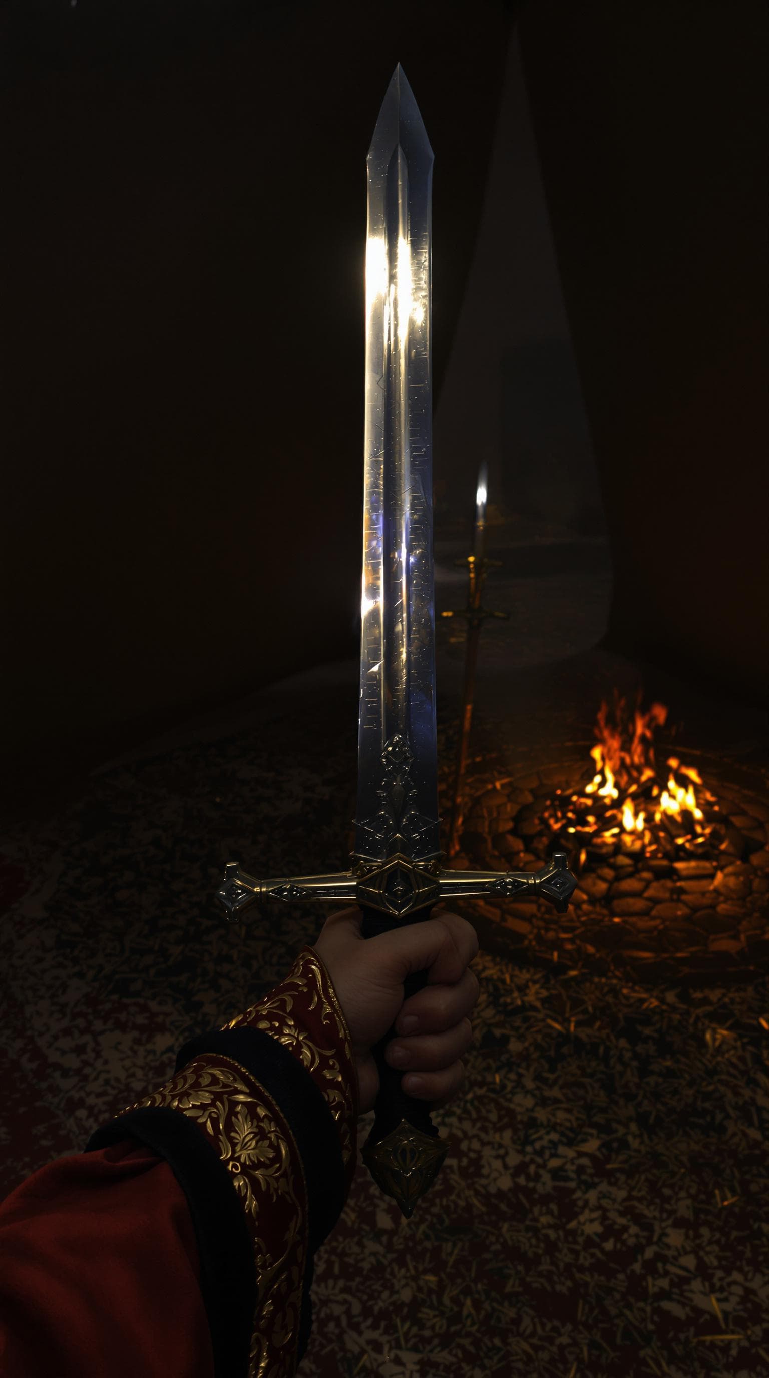 AI generated: POV first-person perspective, I grip my sword firmly in my hand, its blade gleaming faintly in the d...