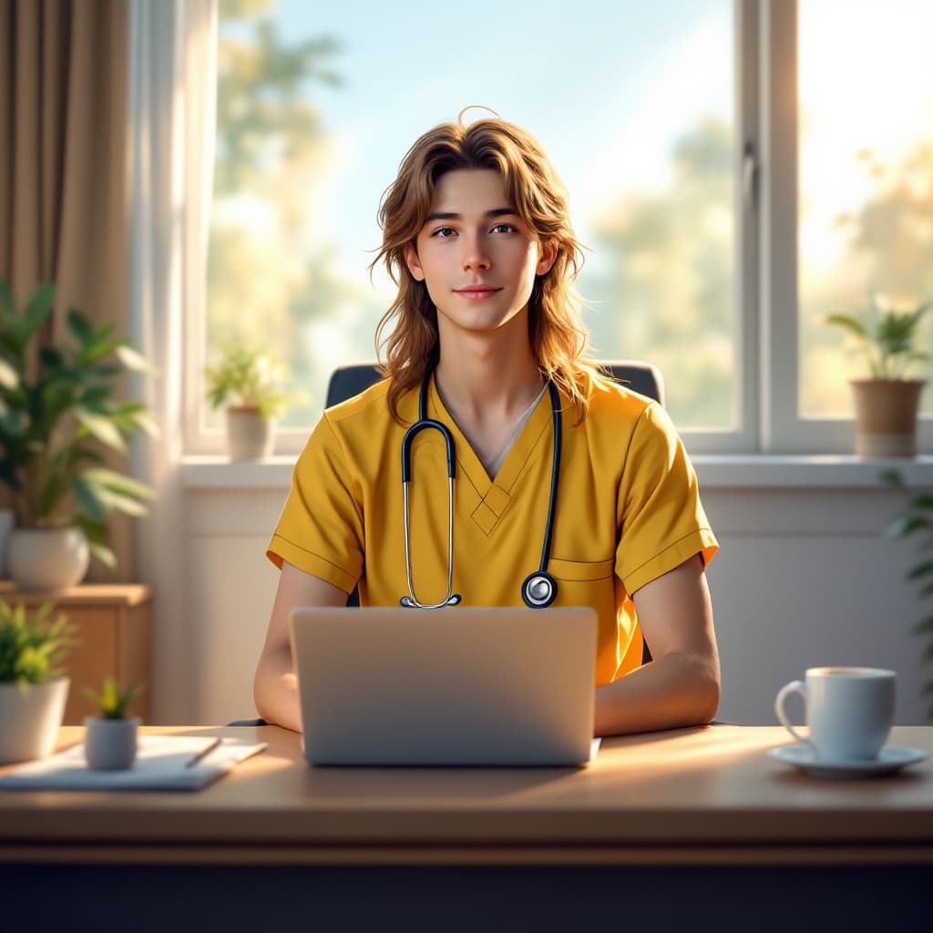 AI generated: Anime sweet boy with long hair, wearing yellow scrubs, handsome, sitting on a chair in front of a la...