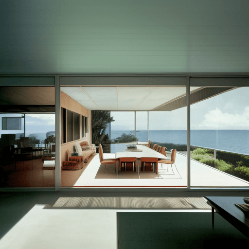 AI generated: Hyper realistic eye level exterior photo of a mid century modern style house overlooking the ocean, ...