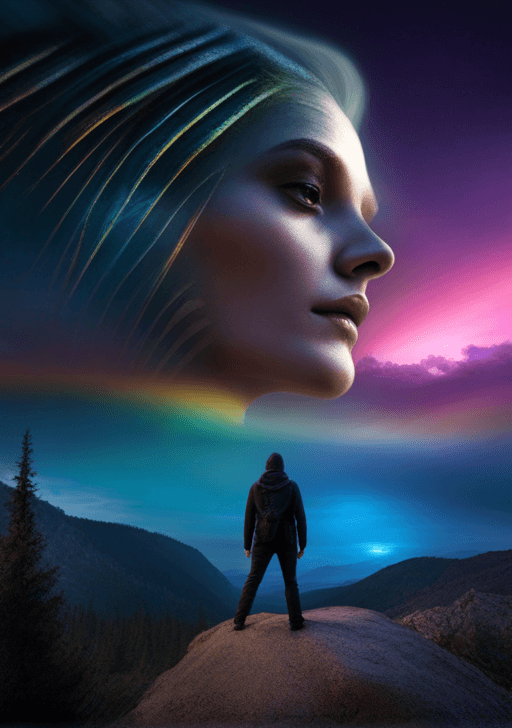 AI generated: full face dark witch, stay of the beach lake, forest behind, rainbow glow, midnight, moonless night,...