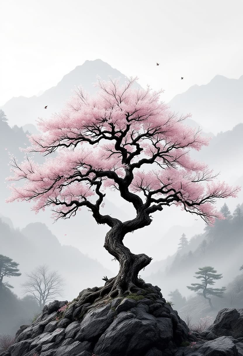 AI generated: Traditional Japanese cherry tree with a naturally twisted trunk and realistic branch structure. The ...