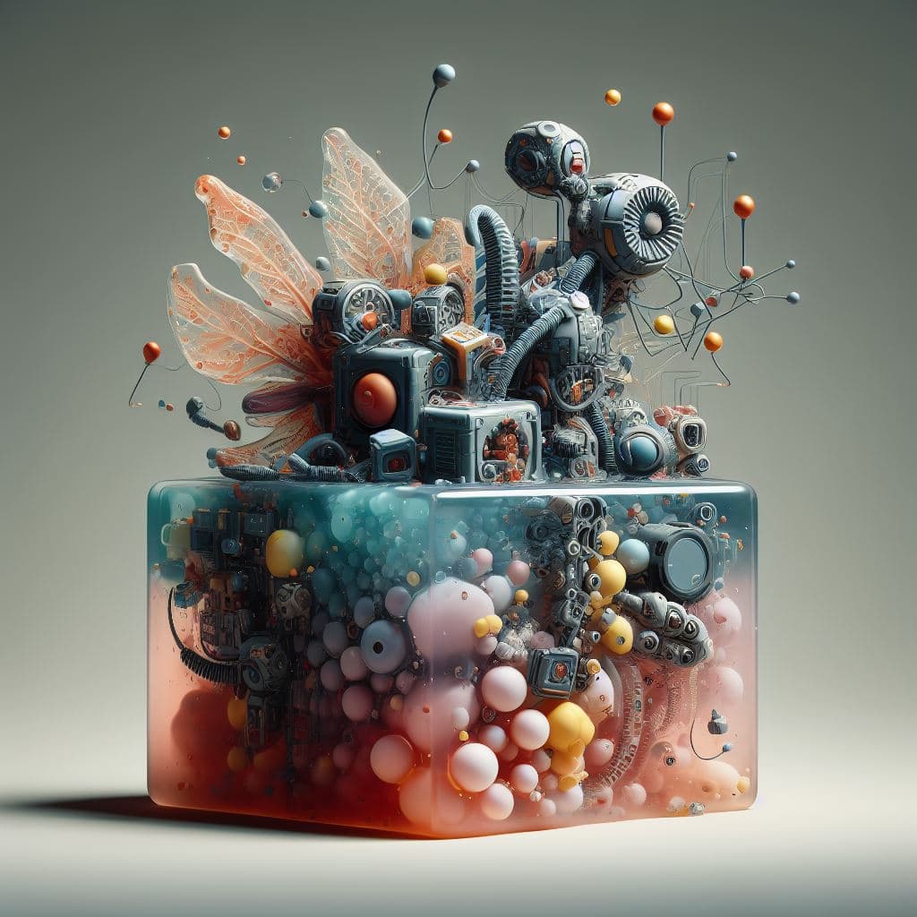 AI generated: mixed media art, 3d, cybernetic machine in a gelatine cube, colourful surreal design, a still life o...