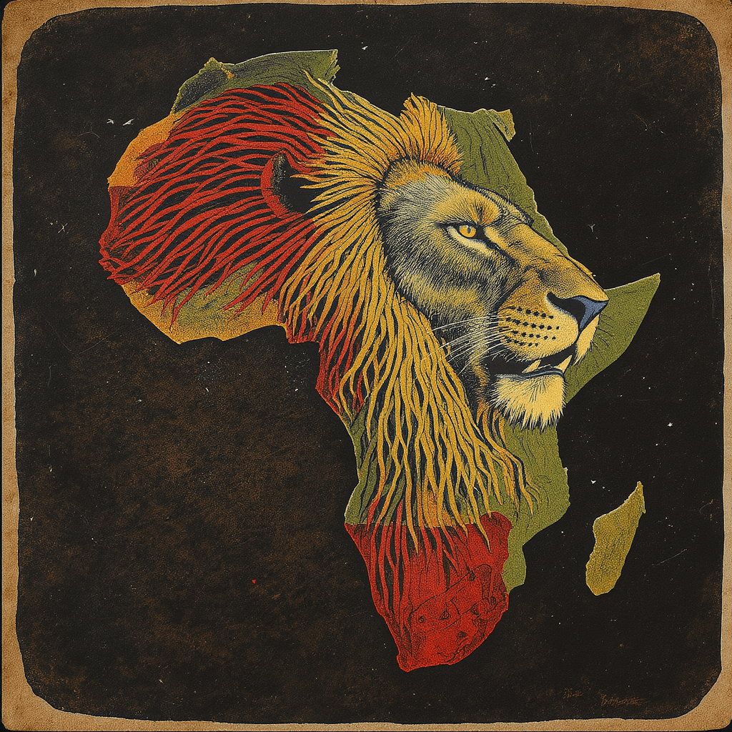 AI generated: Aroaring lion in dreads shaped like the map of Africa  