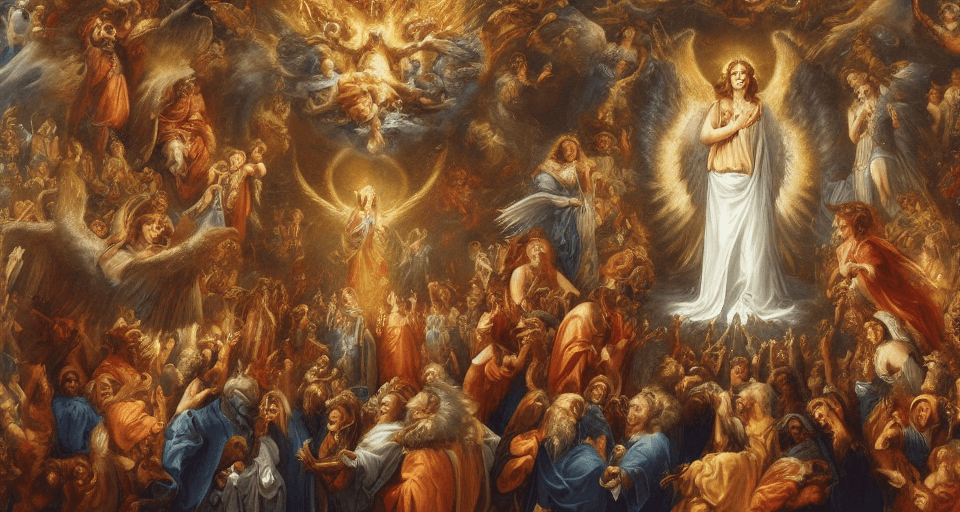 AI generated: heaven and hell, angelic armies, saints worshipping God seated on His throne of glory, heavenly ligh...