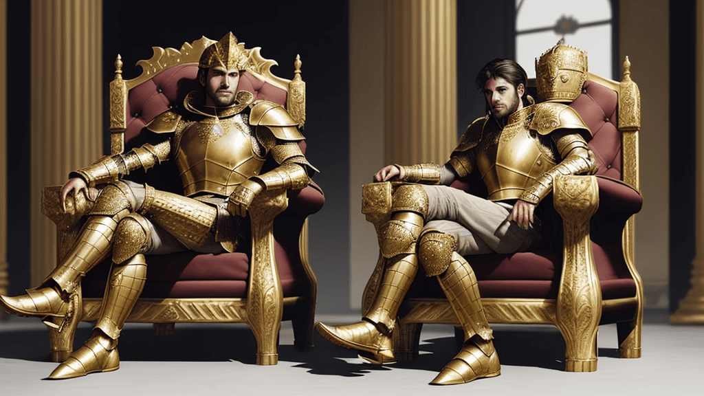 AI generated:  human male gold Armoured warrior with sitting the royale chair in a kastle
