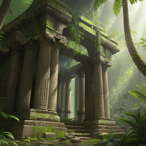 AI generated: ancient hidden temple found deep inside a lush rain forest| ancient greek ruins| rubble| gray dull b...
