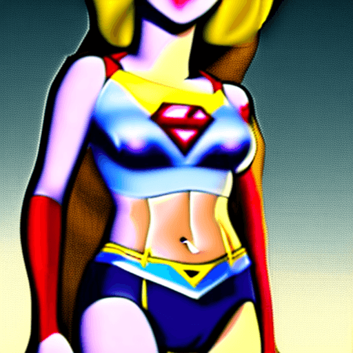 AI generated: bright color, cartoon style, cartoon Supergirl standing on the beach, pinup pose, sexy legs, nude bo...