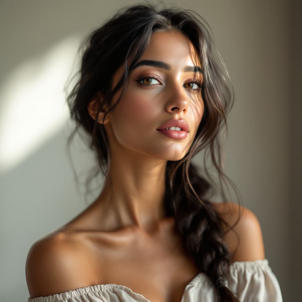 AI generated: A 23-year-old Moroccan woman with golden-olive skin and long black hair tied in a loose side braid, ...