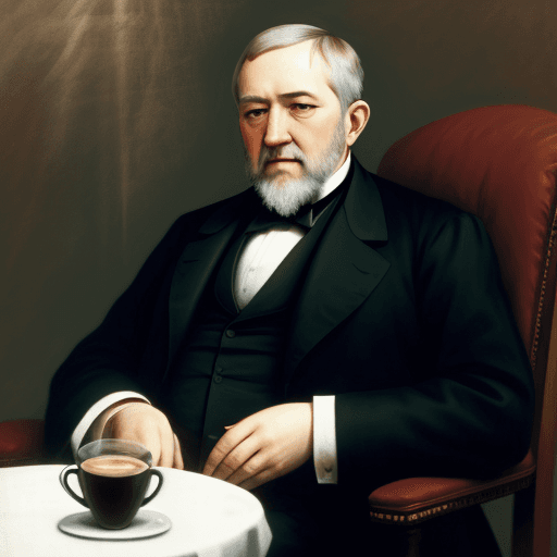 AI generated: President Benjamin Harrison, sitting at a cafe, holding a coffee
